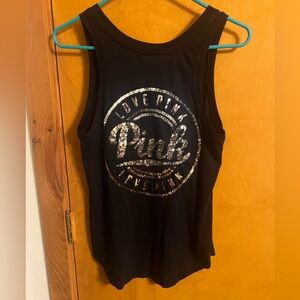 PINK Victoria's Secret Black Tank Top sequined Gold Silver Logo